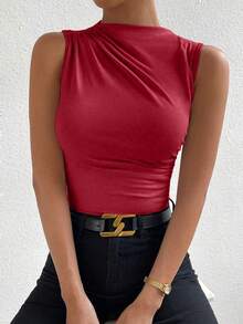 SHEIN PETITE Camiseta sin mangas de mujer con cuello alto, de unicolor, ajustada, con pliegues y de estilo casual - Rojo - Ver 6