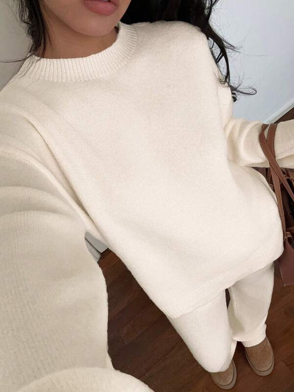 SHEIN Unity 2pcs Women's Solid Color Round Neck Drop Shoulder Long Sleeve Sweater And Knit Pants Casual Suit, Fall Autumn/Winter