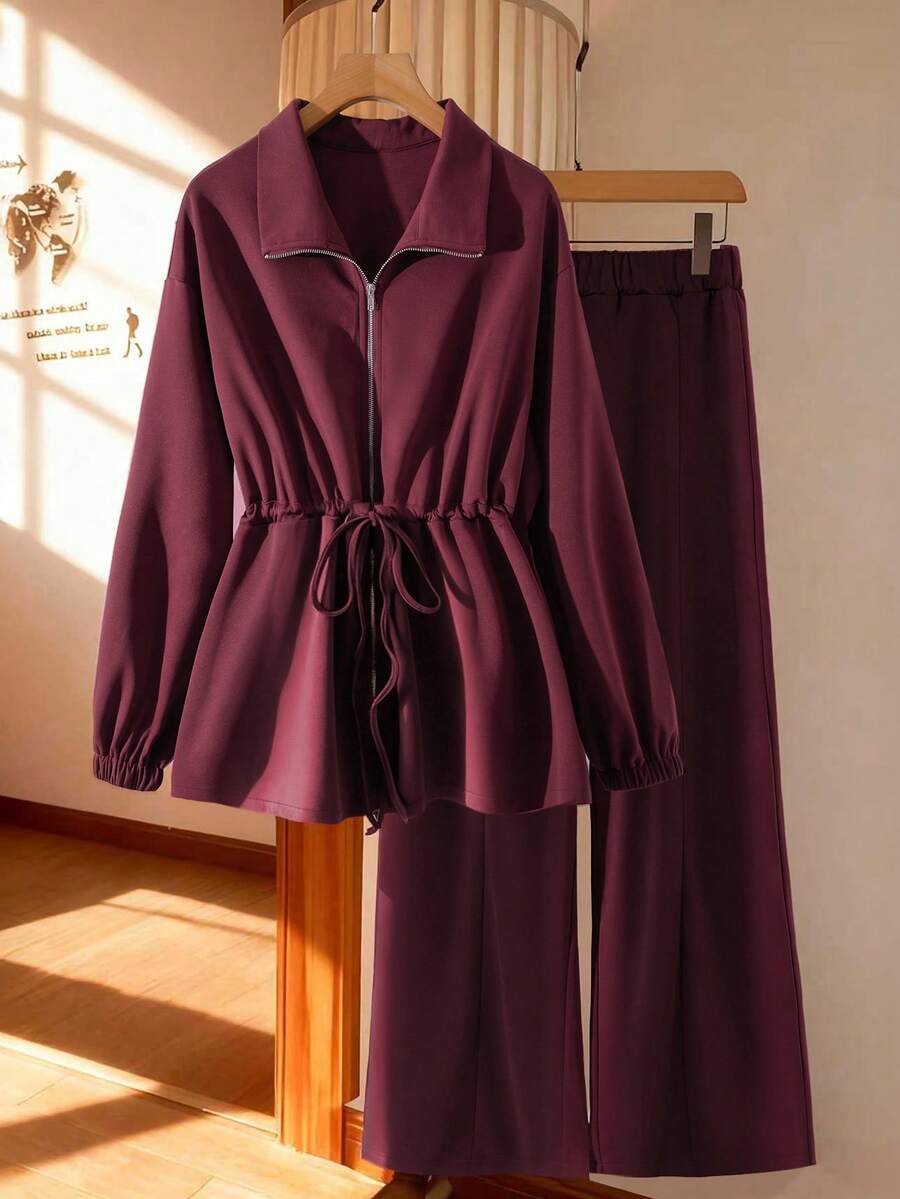 SHEIN Clasi GlowEve Women Plus Size Basic High Neck Drawstring Zip-Up 2 Pieces Set Fall - Maroon - View 1