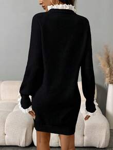 SHEIN LUNE Women's Contrast Color Ruffle Trim Long Sleeve Dress - Black - View 2