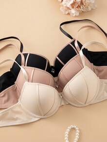 3pcs/Set Women's Simple Underwire Bras, Casual Lift And Gather Bra