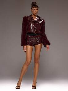 MUSERA 低腰印花PU腰带超短迷你热裤，秋冬季性感优雅场合派对晚宴圣诞节新年夜