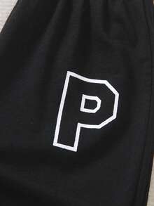 SHEIN Genkimix Kids 4-7 Years Old Young Boys' Collegiate Baseball Jacket 2-Piece Set - Black Knit Cardigan Baseball Jacket With White Sleeves, Letter "P" Print, Matching Printed Sweatpants With Ribbed Collar, Cuffs And Hem, Comfortable And Casual, Suitable For Spring/Autumn, Daily Wear, Sports, School, Travel - Multicolor - View 3