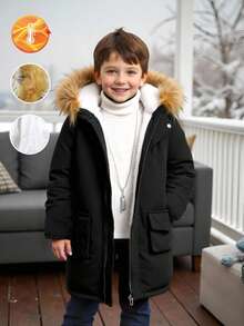 SHEIN Genkimix Kids 1 件年轻男童加厚纯色休闲长袖长款棉夹克，适合日常穿着、通勤、上学、秋冬、户外活动 - 黑色 - 查看 1