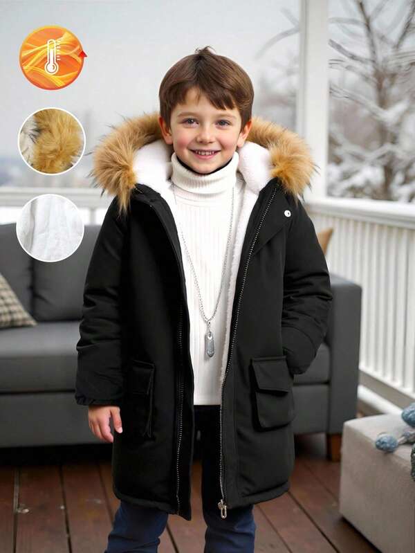 SHEIN Genkimix Kids 1pc Young Boy's Thickened Solid Color Casual Long Sleeve Long Cotton Jacket, Suitable For Daily Wear, Commuting, School, Autumn/Winter, Outdoor Activities Fall