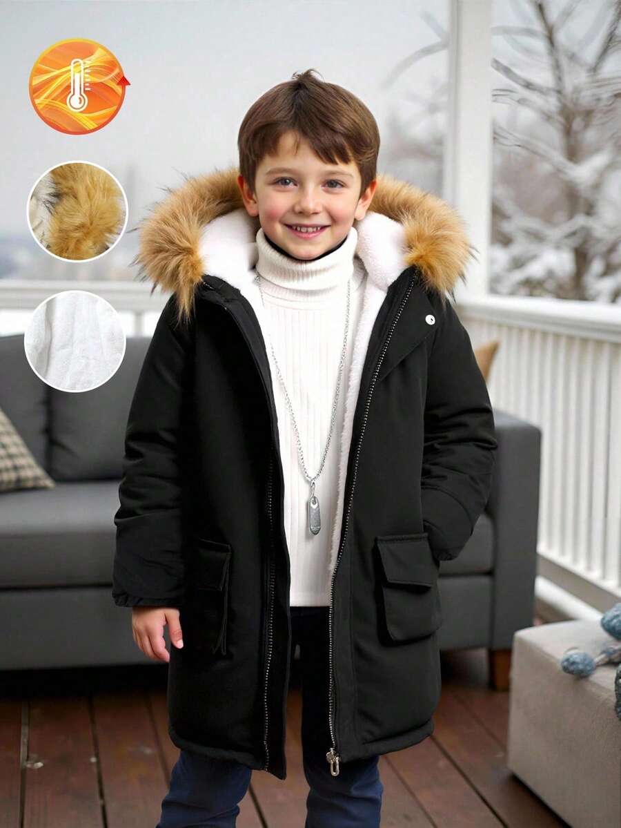 SHEIN Genkimix Kids 1 件年轻男童加厚纯色休闲长袖长款棉夹克,适合日常穿着、通勤、上学、秋冬、户外活动 - 黑色 - 查看 1