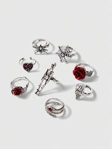 ROMWE Bộ 8 chiếc nhẫn Gothic Rose Skull Skeleton Vampire Spider Decor xếp chồng lên nhau dành cho phụ nữ ngày lễ tình nhân - Nhiều màu - Xem 1
