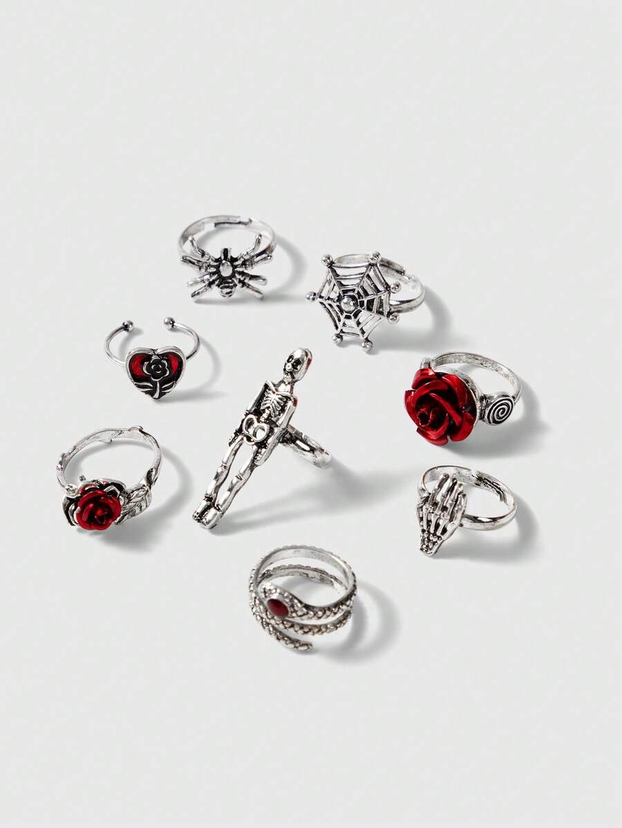 ROMWE Bộ 8 chiếc nhẫn Gothic Rose Skull Skeleton Vampire Spider Decor xếp chồng lên nhau dành cho phụ nữ ngày lễ tình nhân - Nhiều màu - Xem 1