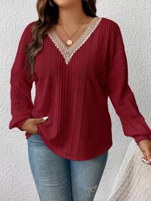 SHEIN Frenchy Damen Große Größen V-Ausschnitt Patchwork Spitze Laternärmel Gestreiftes Loose T-Shirt, Lässig & Urlaubsstil, Frühling/Herbst - Rot-violett - Übersicht 3