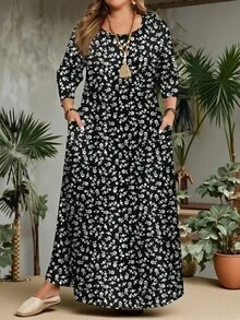 Mellowie Abito a maniche lunghe con scollo tondo e stampa floreale ditsy, adatto per autunno/inverno, vacanze e regalo per insegnanti, taglie comode - Multicolore - Visualizzare 3