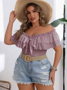 SHEIN VCAY 大码纯色荷叶边露肩T恤 - 淺灰紫 - 查看 4