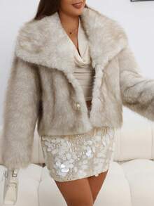 Almamuse Women's Faux Fur Collar Long Sleeve Short Jacket, Autumn/Winter - Light Grey - View 3