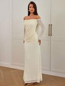 Aloruh Women's New Off Shoulder Draped Long Sleeve Bodycon Dress, Apricot Color, Autumn/Winter - Apricot - View 7