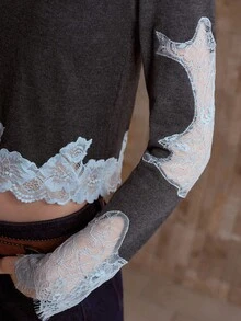 MOTF PREMIUM CONTRAST LACE ROUND NECK CROP SWEATER - Grey - View 2