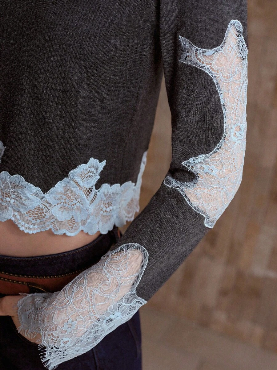 MOTF PREMIUM CONTRAST LACE ROUND NECK CROP SWEATER - Grey - View 2