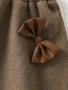 Elladie kids 两件套女童优雅套装：翻领双排扣大衣，下摆呈喇叭形并饰有蝴蝶结，搭配贝雷帽，冬季款 - 棕色 - 查看 4