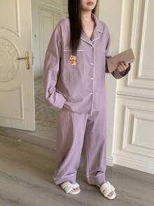 Dazy Plus 大码女式两件套卡通印花宽松睡衣套装，纯色上衣和裤子，春秋季睡衣，冬季服装 - 淺灰紫 - 查看 4