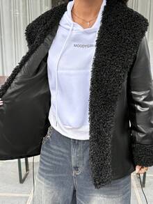 SHEIN EZwear 1 pieza Chaqueta de mujer con mangas largas, cierre delantero y forro de piel sintética negra de moda para otoño/invierno