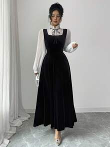 Rafferiza 女士优雅丝绒长裙，尽显精致高端气质，秋冬款 - 黑色 - 查看 5