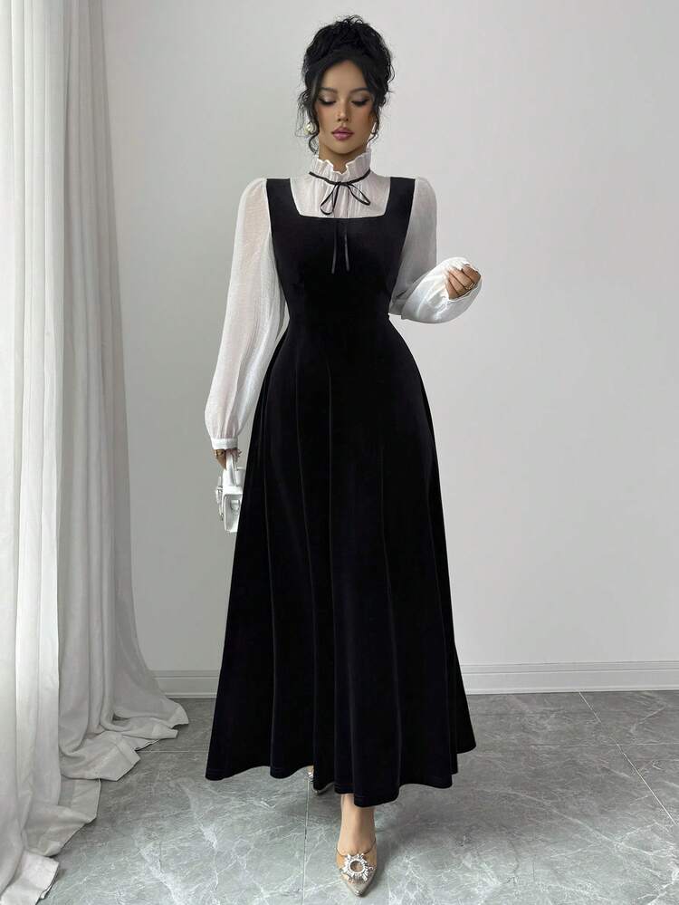 Rafferiza Vestido Longo Elegante de Veludo Feminino com Sofisticada Vibração de Alta Qualidade, Outono/Inverno - Preto - Visão 5