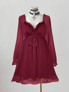 Sunspun 大码春夏新款浪漫优雅法式紫色纯色雪纺面料蕾丝边V领泡泡袖高腰系带蕾丝袖口中长款飘逸娃娃裙，适合通勤、约会、派对等场合，强烈推荐 - 酒紅色 - 查看 1