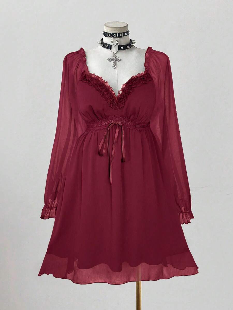 Sunspun 大码春夏新款浪漫优雅法式紫色纯色雪纺面料蕾丝边V领泡泡袖高腰系带蕾丝袖口中长款飘逸娃娃裙，适合通勤、约会、派对等场合，强烈推荐 - 酒紅色 - 查看 1