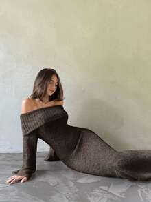 Aloruh 女士加厚罗纹露肩长袖修身长款毛衣连衣裙，粉色，秋冬款 - 棕色 - 查看 5