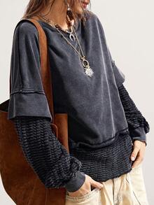 Bohemela 波西米亚风圣诞新年服装拼接二合一休闲纯色针织圆领长袖宽松女式卫衣，冬季 - 黑色 - 查看 4