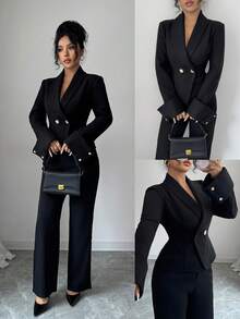 Chiquease Women's Elegant Black Tweed Overcoat,Autumn Office Formal Evening Lapel Long Sleeves Metal Button Waist Folded Sleeves Commuting Professional Attire - Black - View 1