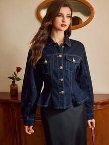 Vintamour 女士修身牛仔外套，四季皆宜，适合圣诞节、新年、感恩节等各种场合，优雅派对外套，金色纽扣细节和修身腰线设计，尽显女性曲线。 - 深色水洗藍 - 查看 7