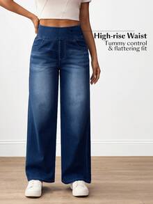 Flexra Celana Jeans Wanita Pinggang Tinggi dengan Kantong, Potongan Lebar, Longgar, Kasual, Serbaguna - Medium Wash - View 4