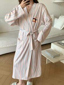 DAZY Women's Long Puppy Wave Pattern Bathrobe - Beige - View 6