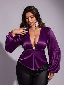 Viva Relle Áo sơ mi tay dài cổ chữ V màu trơn giản dị lãng mạn thanh lịch cỡ lớn - Màu tím - Xem 5