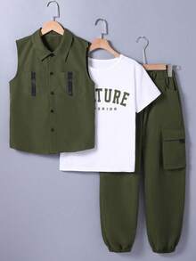 SHEIN Vacaura 3 件套青少年男孩休闲装：领背心、短袖 T 恤和口袋工装裤，春夏 - 軍綠色 - 查看 4