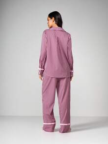 MISSGUIDED 条纹长袖睡衣套装，前系带设计，居家休闲舒适 - 粉色 - 查看 2