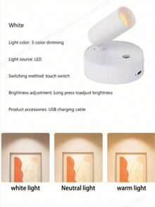 1pc LED Rechargeable Wall Light, Magnetic Spotlight, Painting Light, Nightlight, Bedside Reading Lamp, Eye-Caring Bedroom Night Light, Dimmable, Wireless No Drilling, 360° Rotatable Touch Control, Rechargeable Battery - Multicolor - View 10