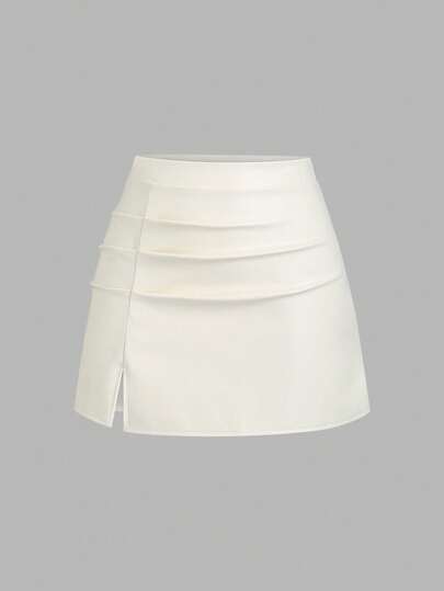Sweetra Elegant Retro High Waist Ruched Brazilian PU Leather Side Slit Flared A-Line Mini Skirt For Women Y2K  Brunch Vacation White Autumn