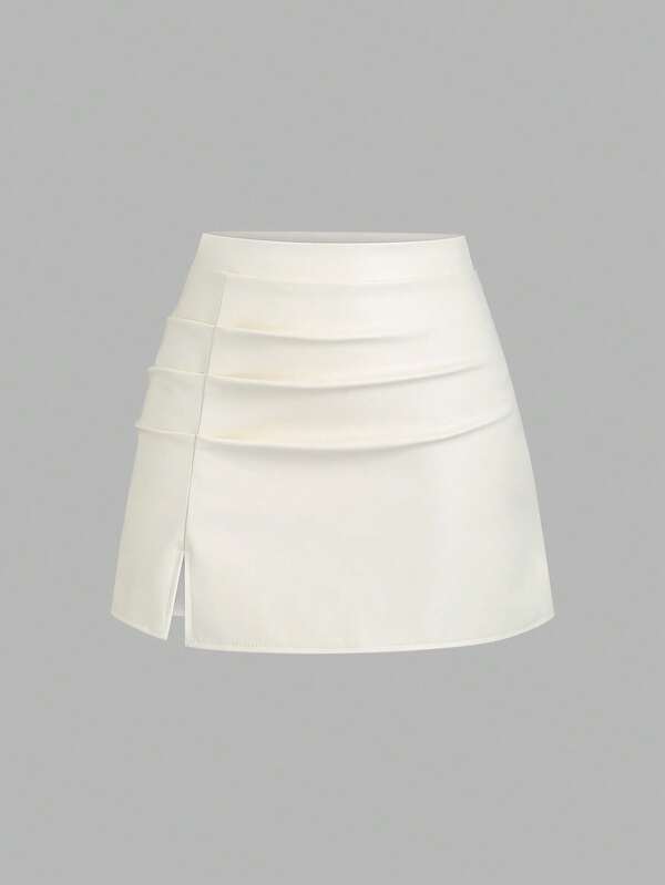 Sweetra 优雅复古高腰褶皱巴西PU皮革侧开衩A字迷你裙，Y2K风格女装