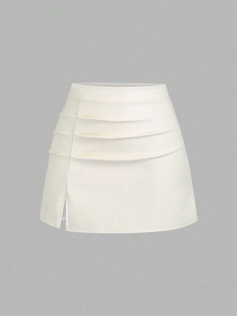 Sweetra 优雅复古高腰褶皱巴西PU皮革侧开衩A字迷你裙，Y2K风格女装 - 奶油色 - 查看 1