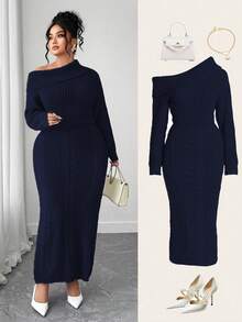 Elenzga Vestito maglia oversize a maniche lunghe da donna, abito casual in maglia a spalle scoperte, abito autunnale/invernale per taglie forti - Blu Navy - Visualizzare 4