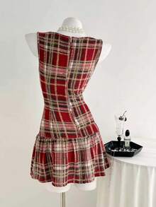 Elamini Váy ngắn kẻ caro chải kiểu cổ điển thời sinh viên - Đỏ - Xem 2