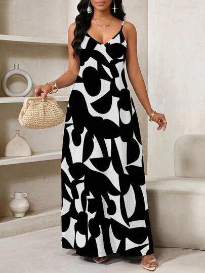 SHEIN Lady Geometric Print, Long Slip Dress Suitable For Everyday Casual Sexy Tropical Wear Vacation Black And White Summer