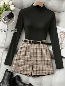 Franclia 2pcs Women Casual Fitted Long Sleeve T-Shirt And Plaid Shorts Set With Belt, Autumn/Winter - Multicolor - View 3