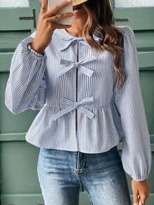 SHEIN Frenchy Breathable Comfortable Striped Cotton-Like Women's Shirt Winter - Blue and White - View 4
