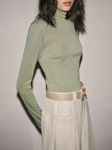 Lumivelle 女士针织透视网眼高领修身打底T恤 - 綠色 - 查看 1