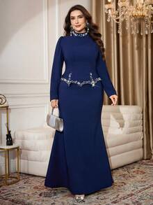 Modelyn Vestido elegante de manga larga, ajustado, con cuello de pie y decoración de strass, talla grande - azul real - Ver 2