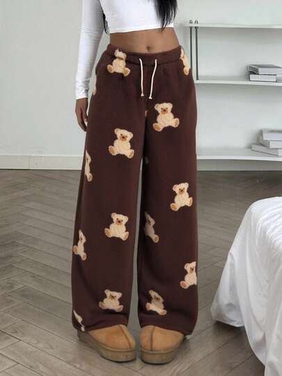 Comfy Teen Girls Brown Bear Print Casual Cartoon Bear Pattern Drawstring Waist Teddy Fleece Long Pants, Autumn/Winter Fall Brown Pants Lounge Pants Teddy Bear Pants Fuzzy Pants Fall & Winter Styles Suitable For Daily, Celebration, Autumn & Winter Outfits For Easy Comfort, Autumn & Winter Layers For Girls, Stylish Girls