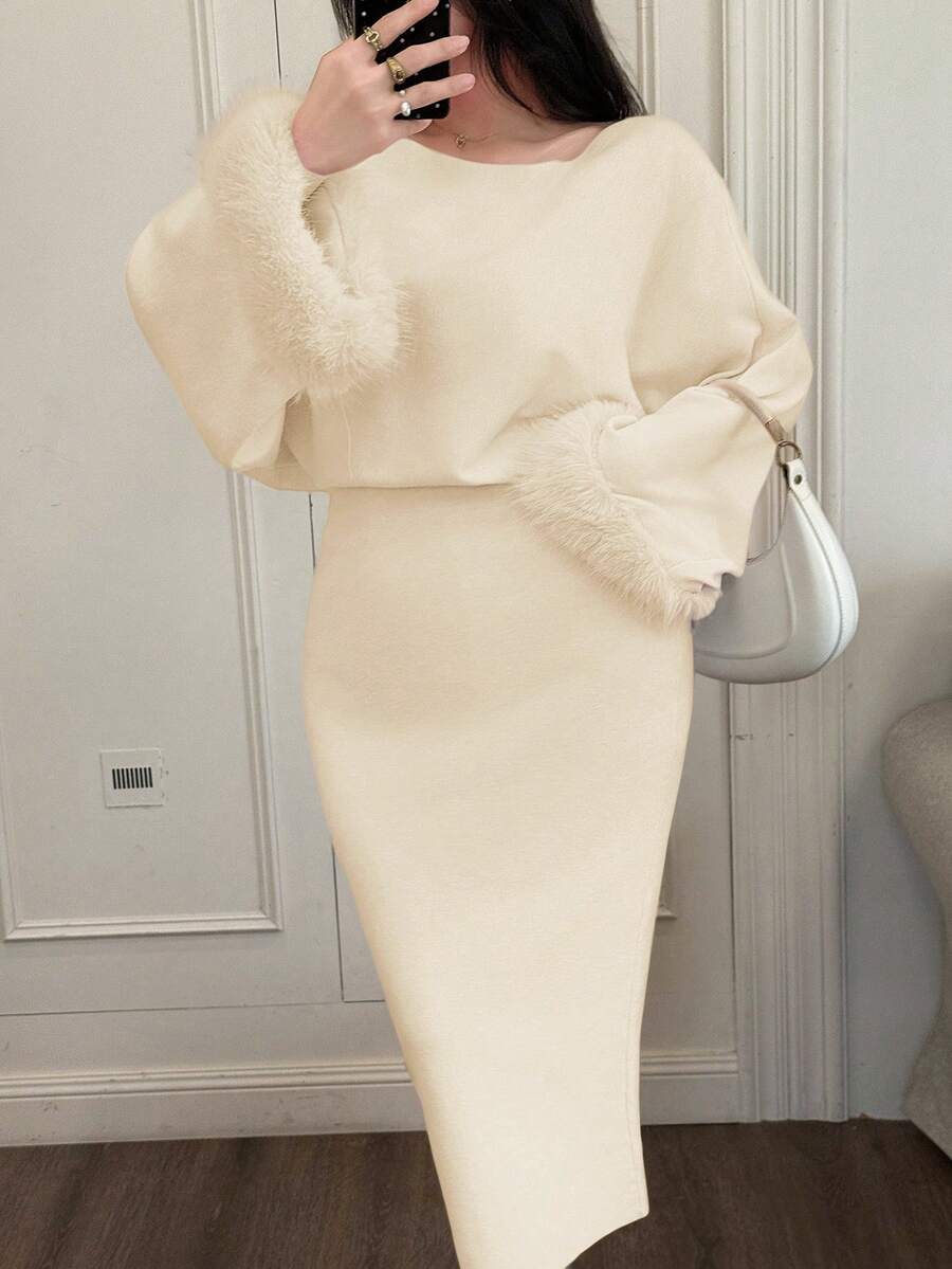 Feyla Robe pull en tricot élégante extra longue pour femmes, automne/hiver - Nude - Voir 1