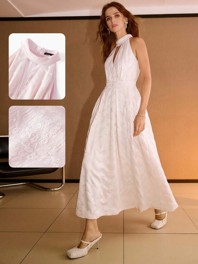 HALTER DEEP V SEQUIN JACQUARD DRESS