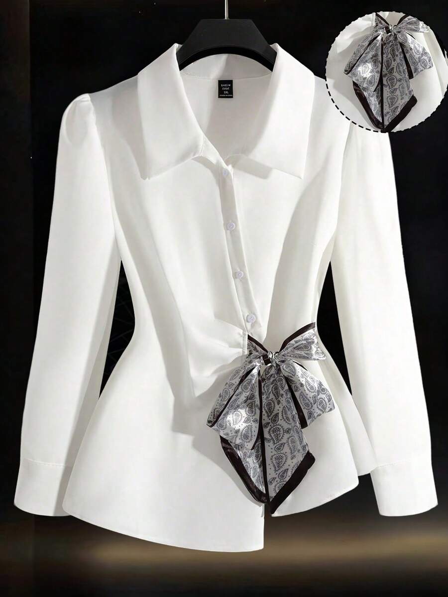 GlowEve CURVE 大码女式雪纺蝴蝶结领长袖宽松A字型修身休闲派对优雅职业衬衫 - 白色 - 查看 1